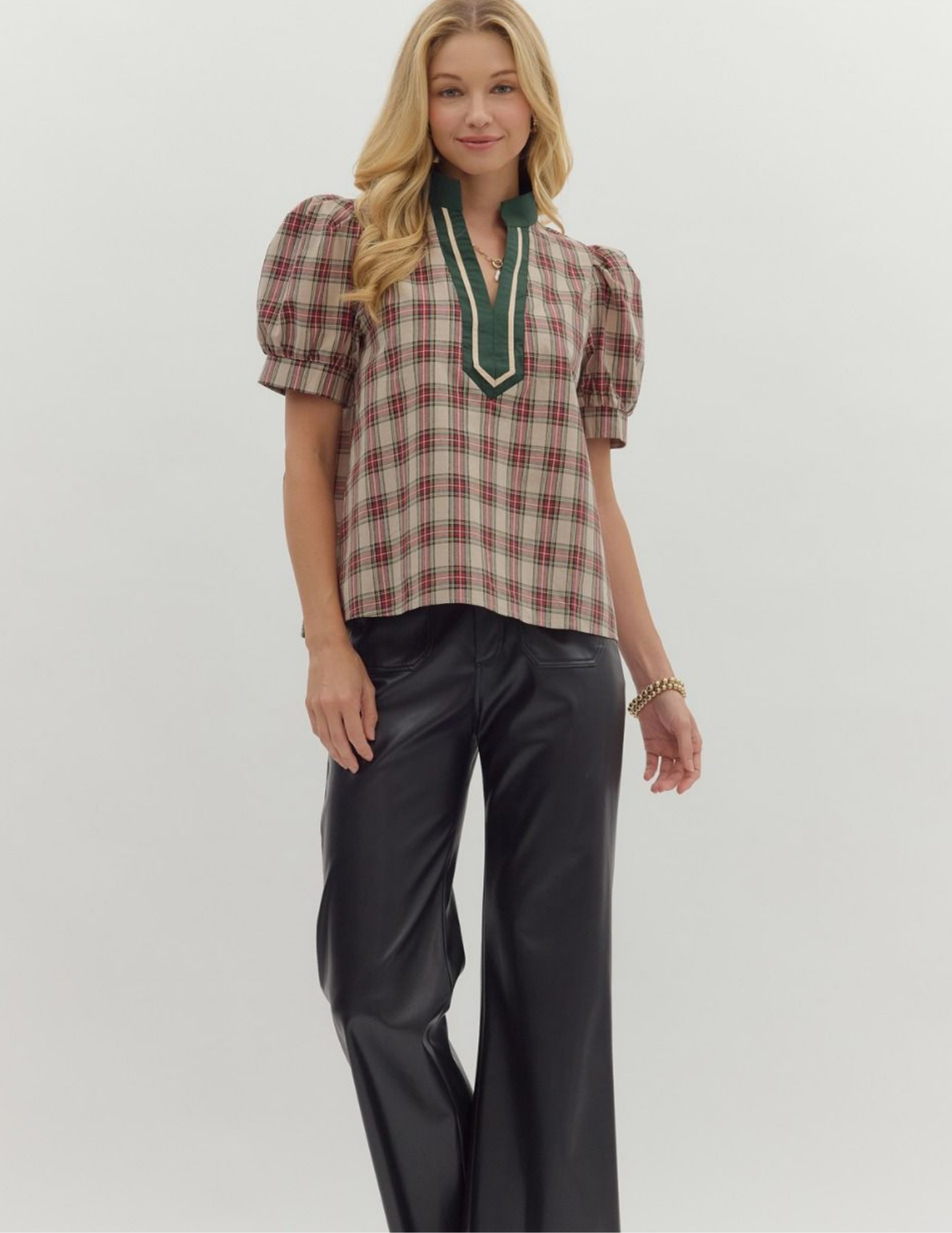 Plaid Patterned VNeck Top- Taupe - Tres Chic Boutique