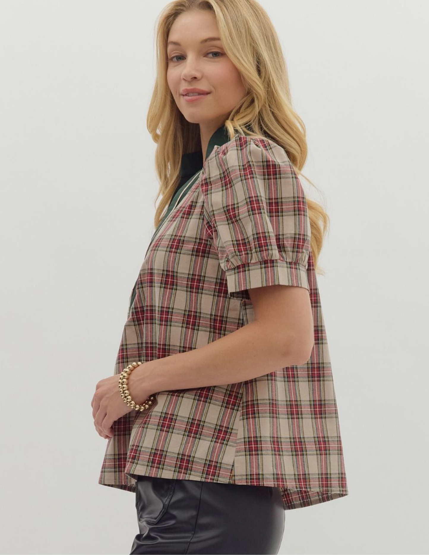 Plaid Patterned VNeck Top- Taupe - Tres Chic Boutique