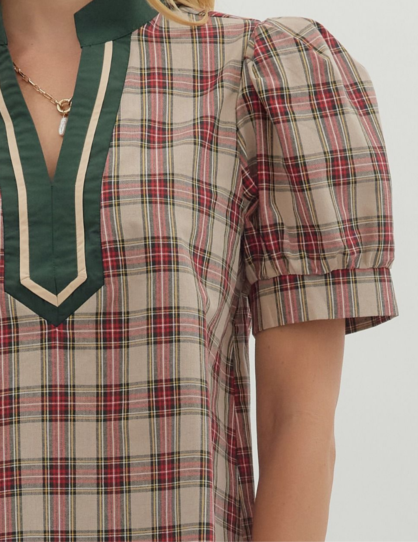 Plaid Patterned VNeck Top- Taupe - Tres Chic Boutique