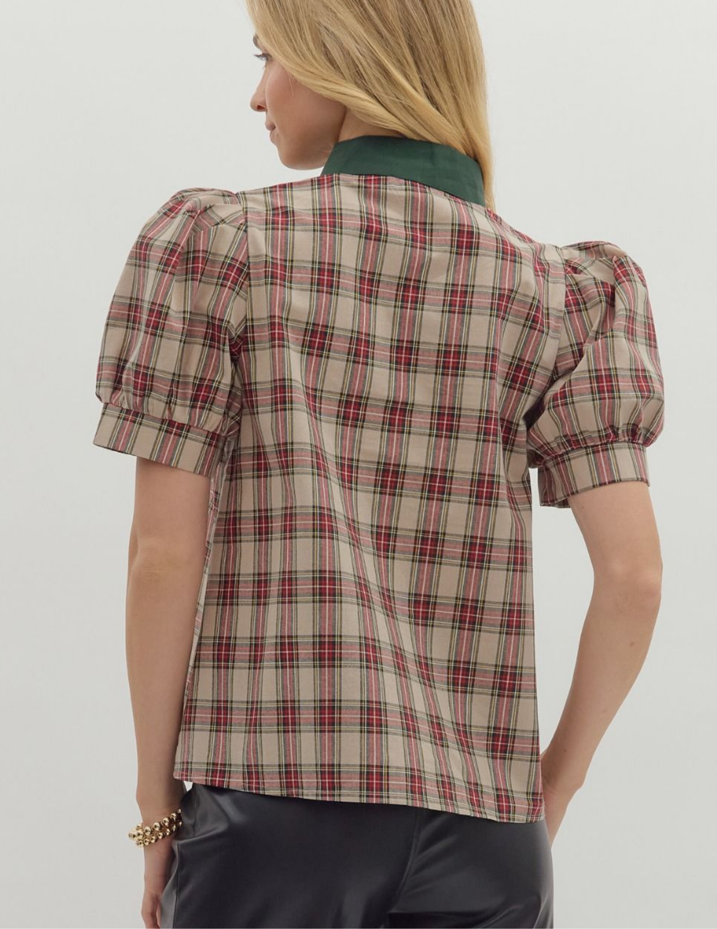 Plaid Patterned VNeck Top- Taupe - Tres Chic Boutique