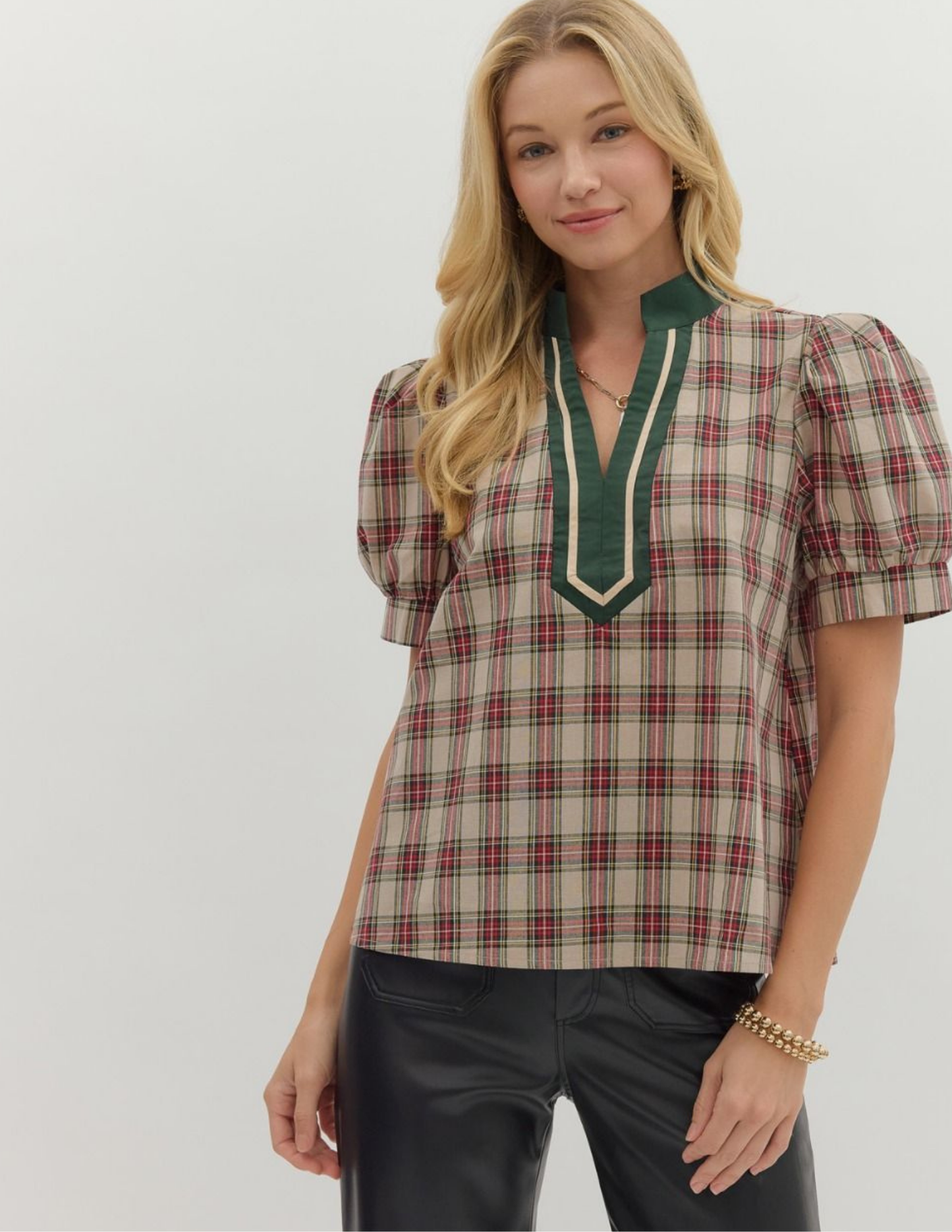 Plaid Patterned VNeck Top- Taupe - Tres Chic Boutique