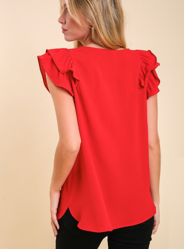Red Ruffle Edge V-Neck Top - Tres Chic Boutique
