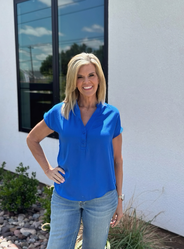 Royal Blue Drop Shoulder Button Front Blouse