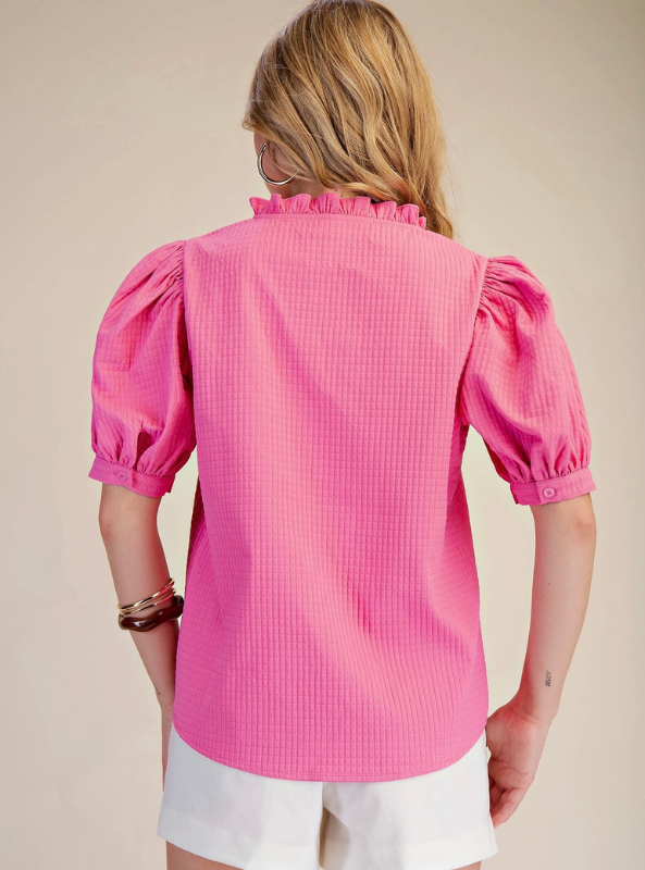 Ruffle V-Neck Puff Sleeve Top- Pink