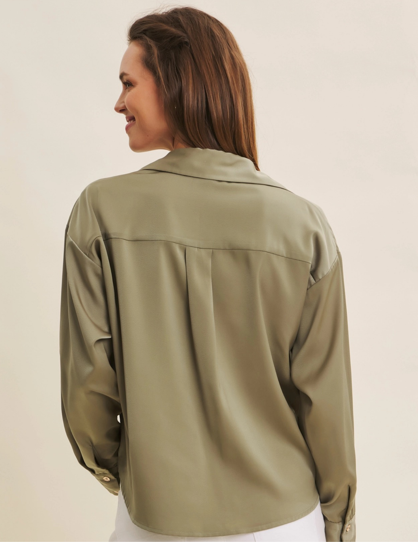 Satin Button Down Top- Olive