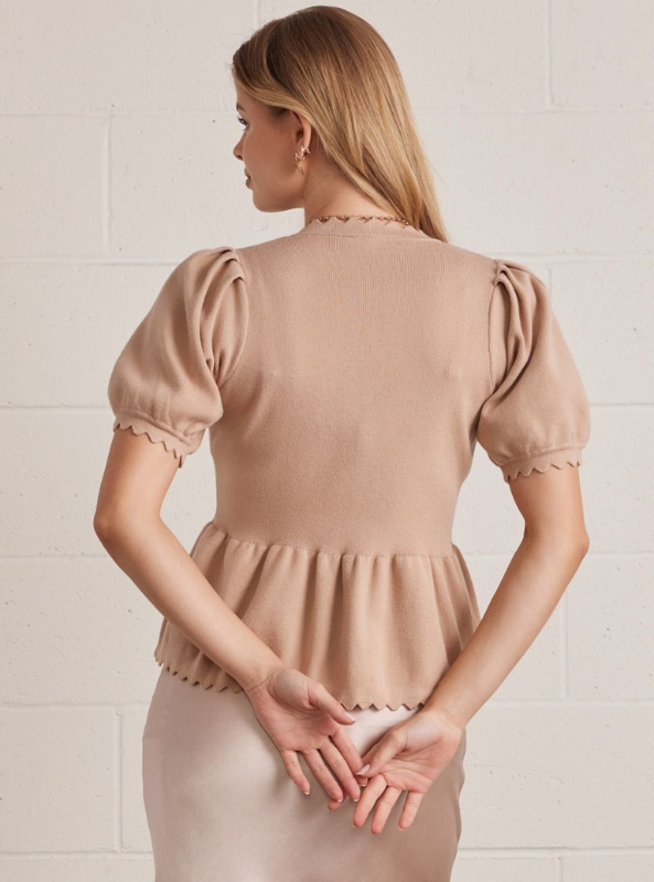 Scallop Neck Peplum Top- Tan