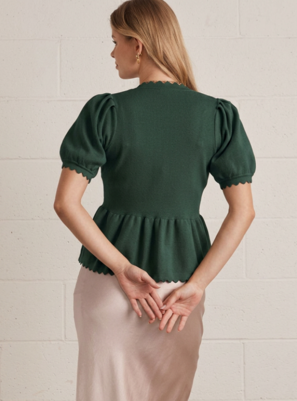 Scallop Neck Peplum Top- Pine