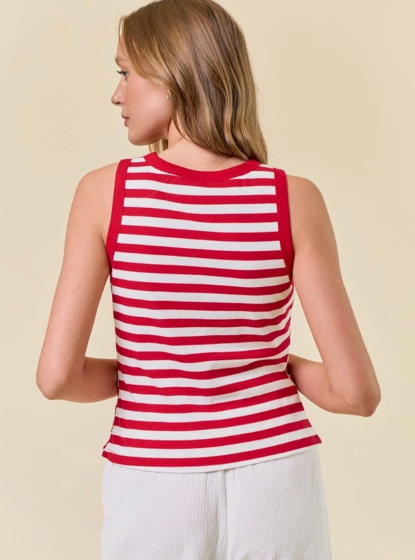 Stripe Knit Button Front Tank- Red