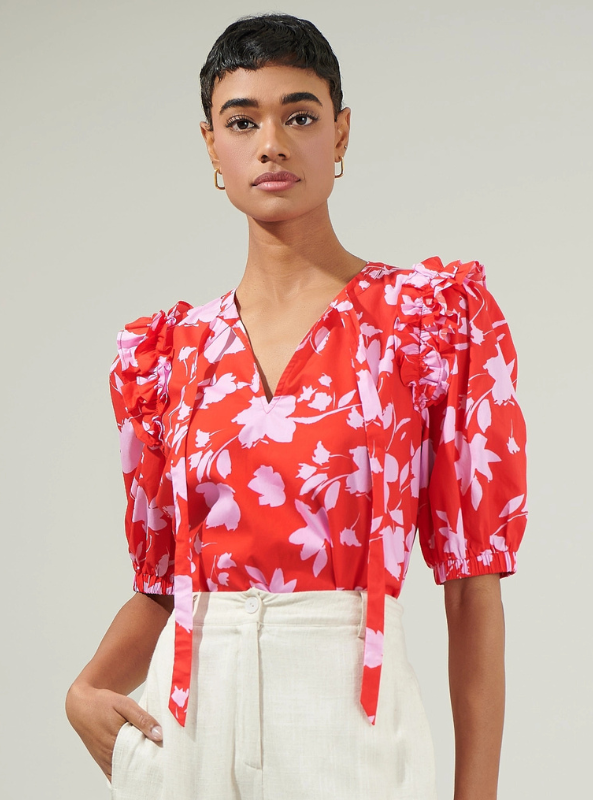 Sunset Floral Noche Tie Neck Blouse