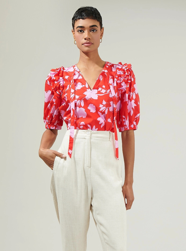 Sunset Floral Noche Tie Neck Blouse