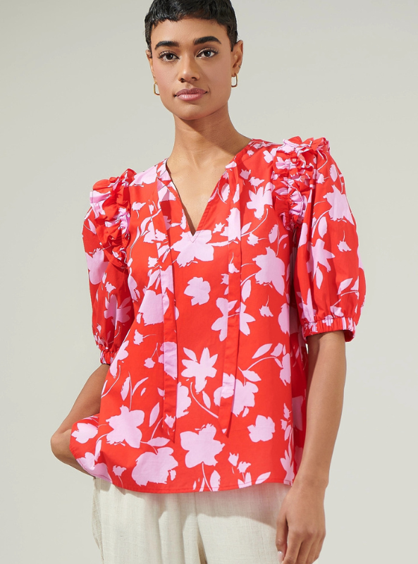 Sunset Floral Noche Tie Neck Blouse
