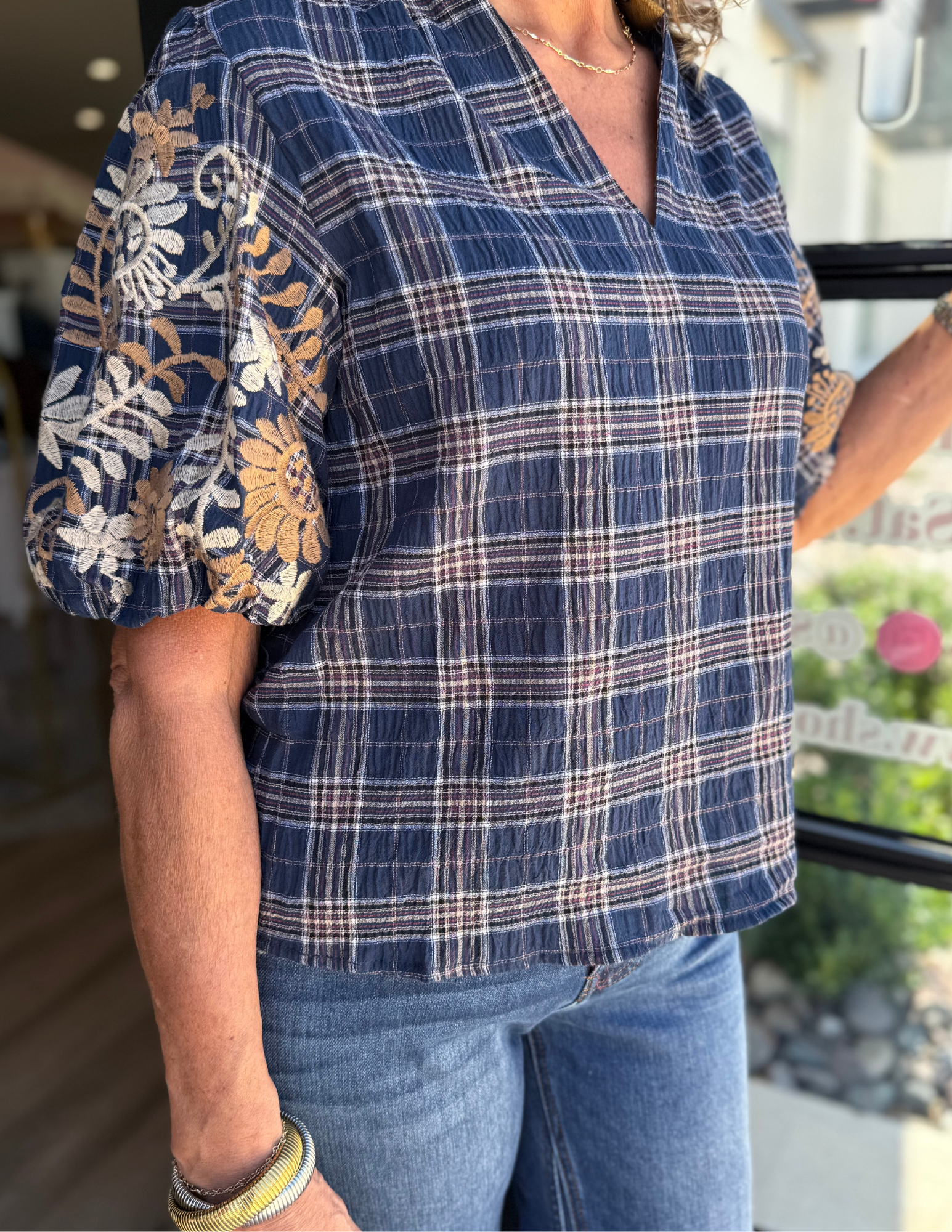 Puff Sleeve Plaid Textured V-Neck Top - Tres Chic Boutique