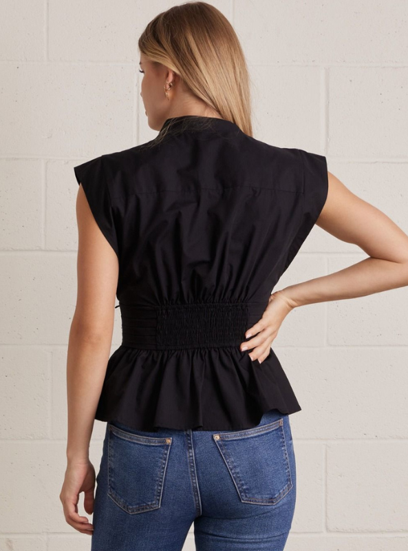 V-Neck Button Up Top- Black