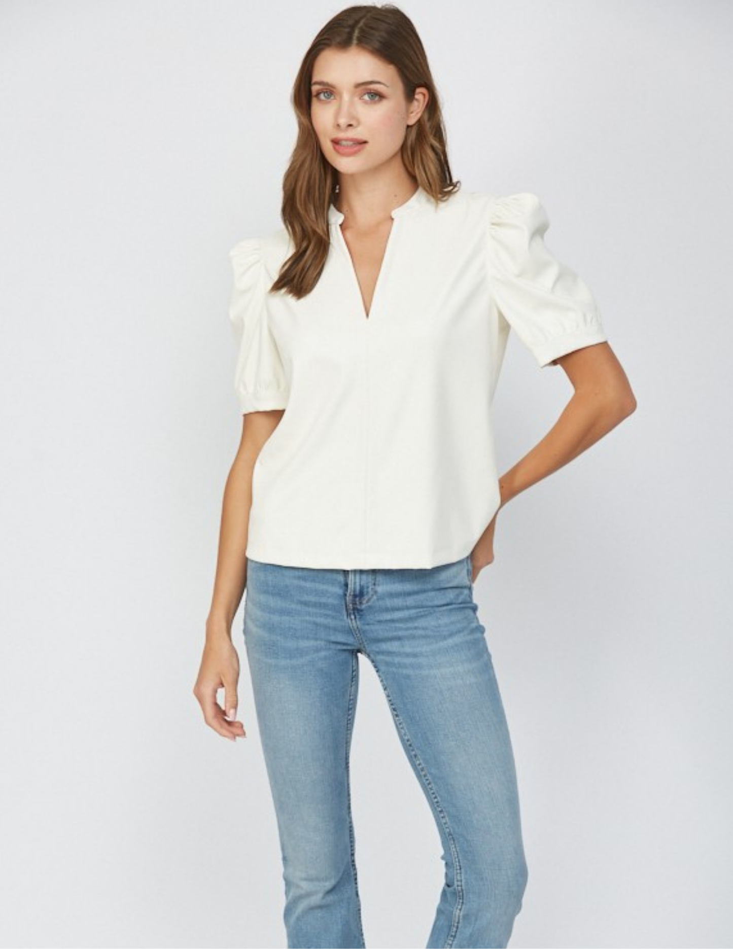 V Neck Faux Leather Top- Cream