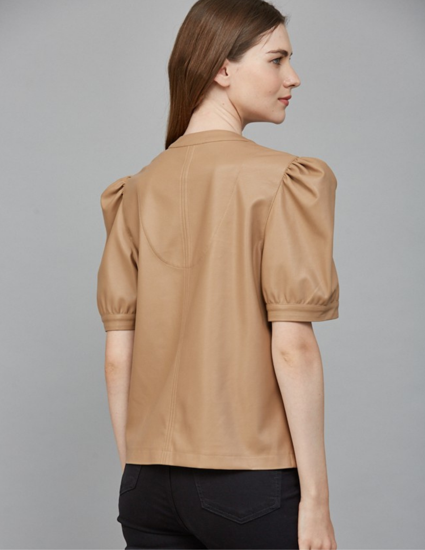V Neck Faux Leather Top- Latte