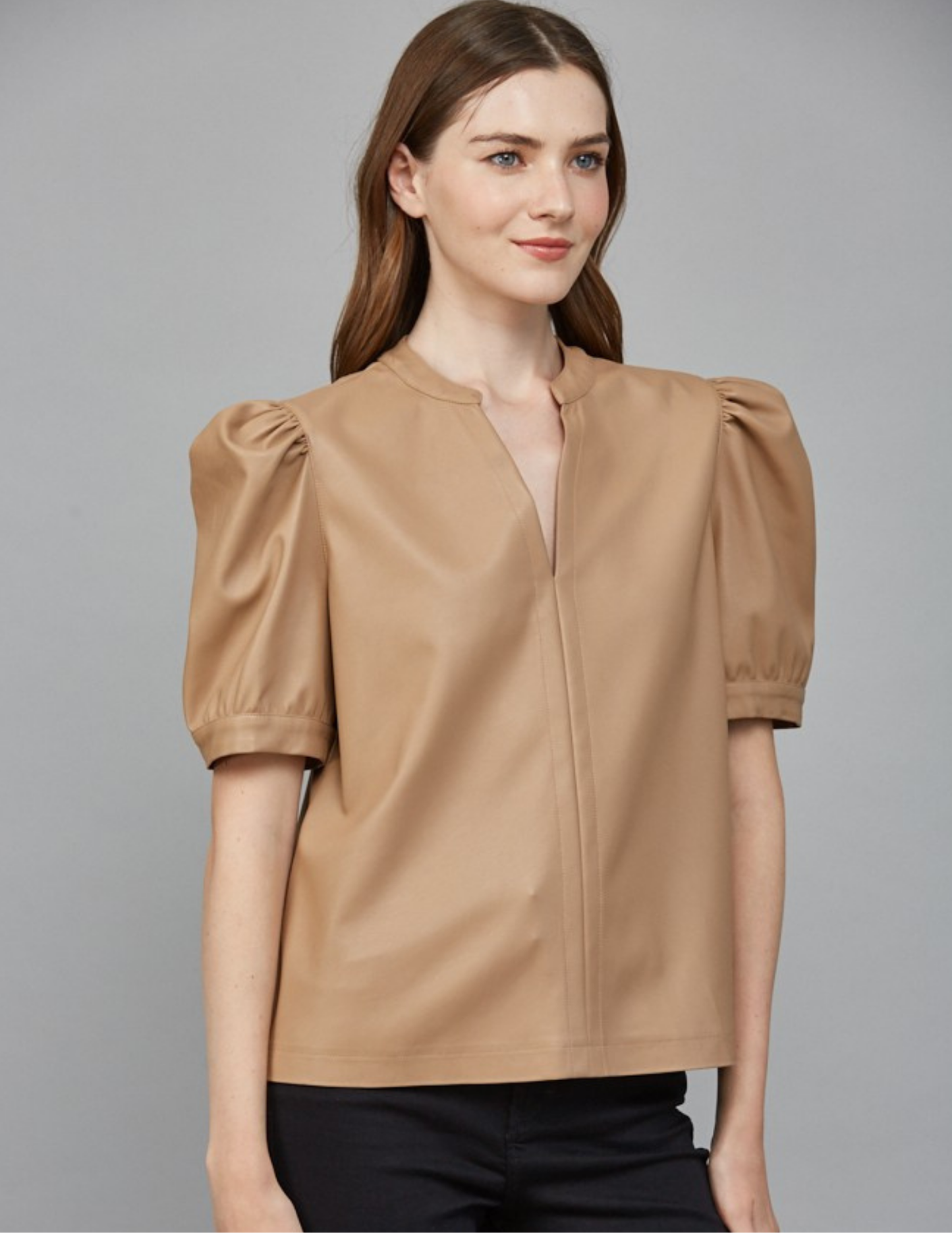 V Neck Faux Leather Top- Latte
