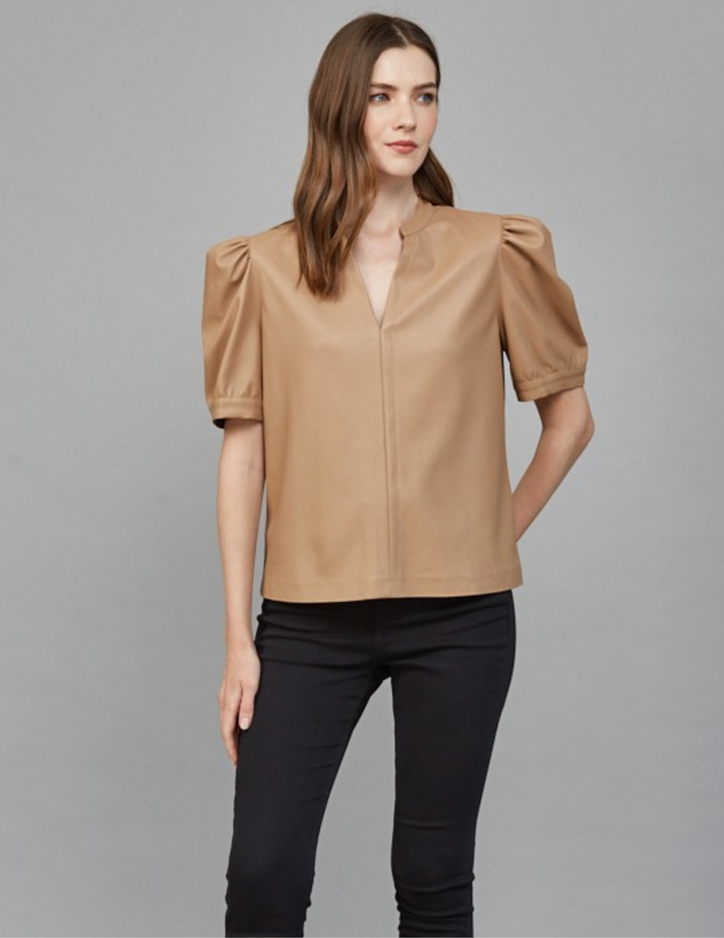 V Neck Faux Leather Top- Latte