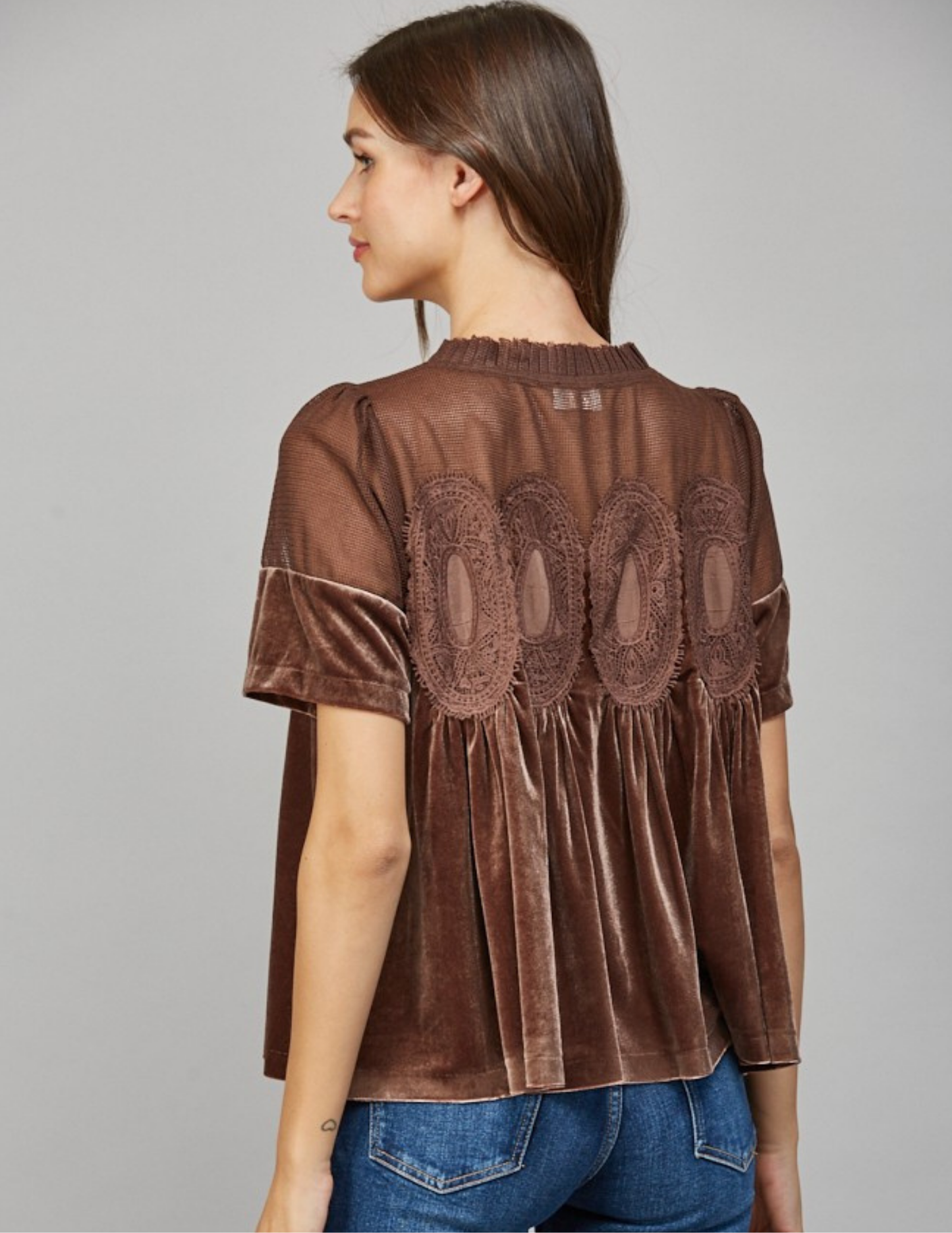 Velvet & Lace Babydoll Top- Choco Brown
