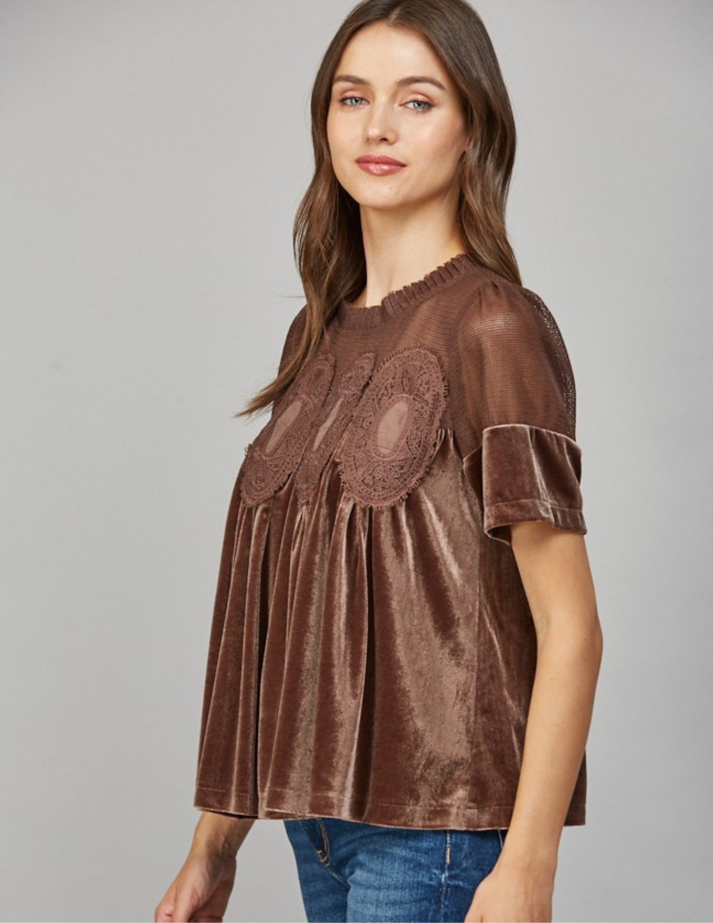 Velvet & Lace Babydoll Top- Choco Brown
