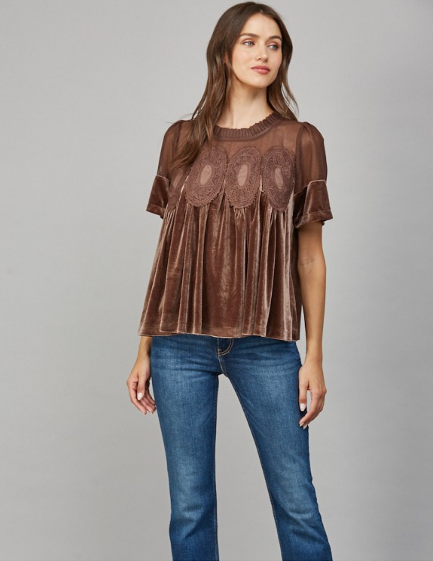 Velvet & Lace Babydoll Top- Choco Brown