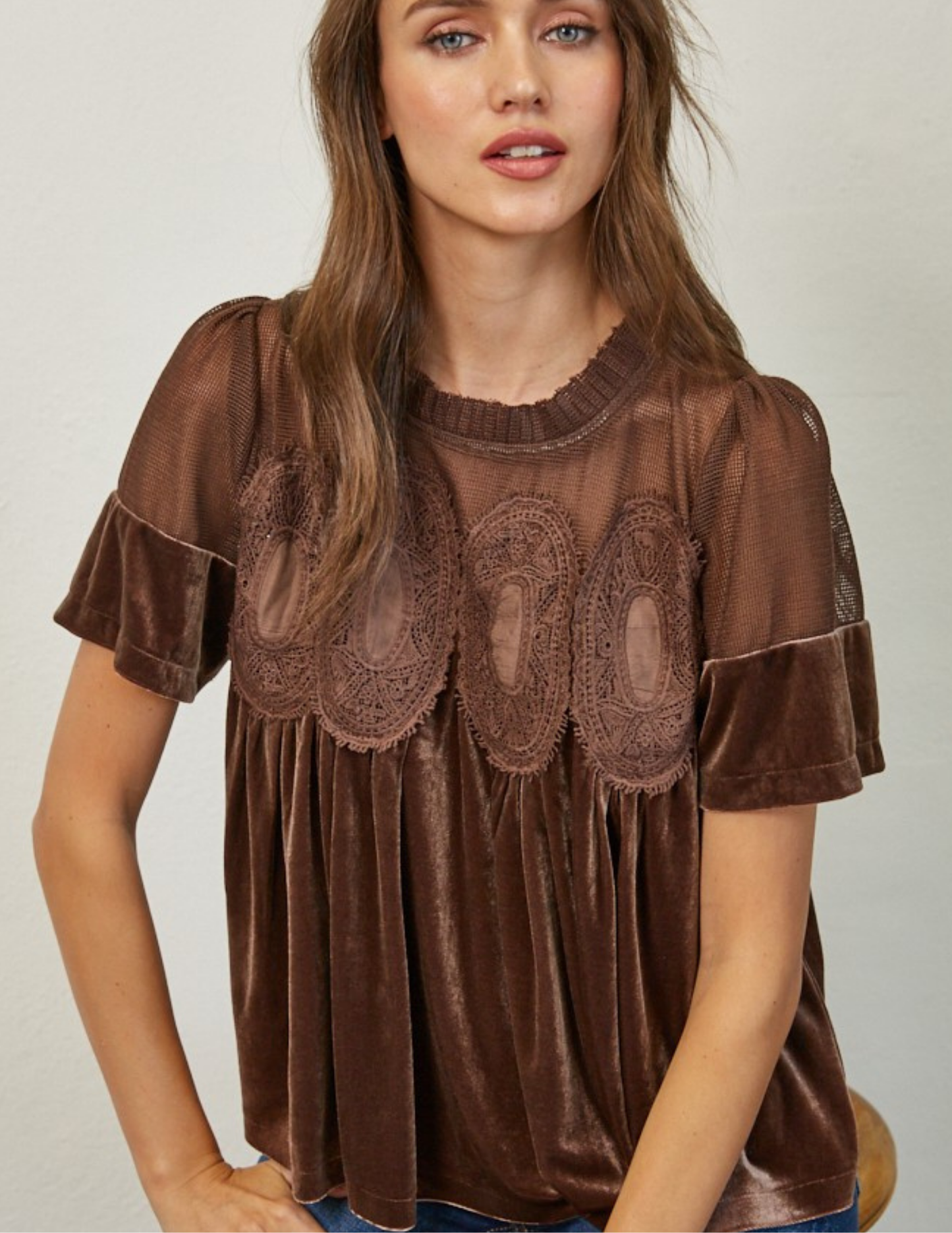Velvet & Lace Babydoll Top- Choco Brown