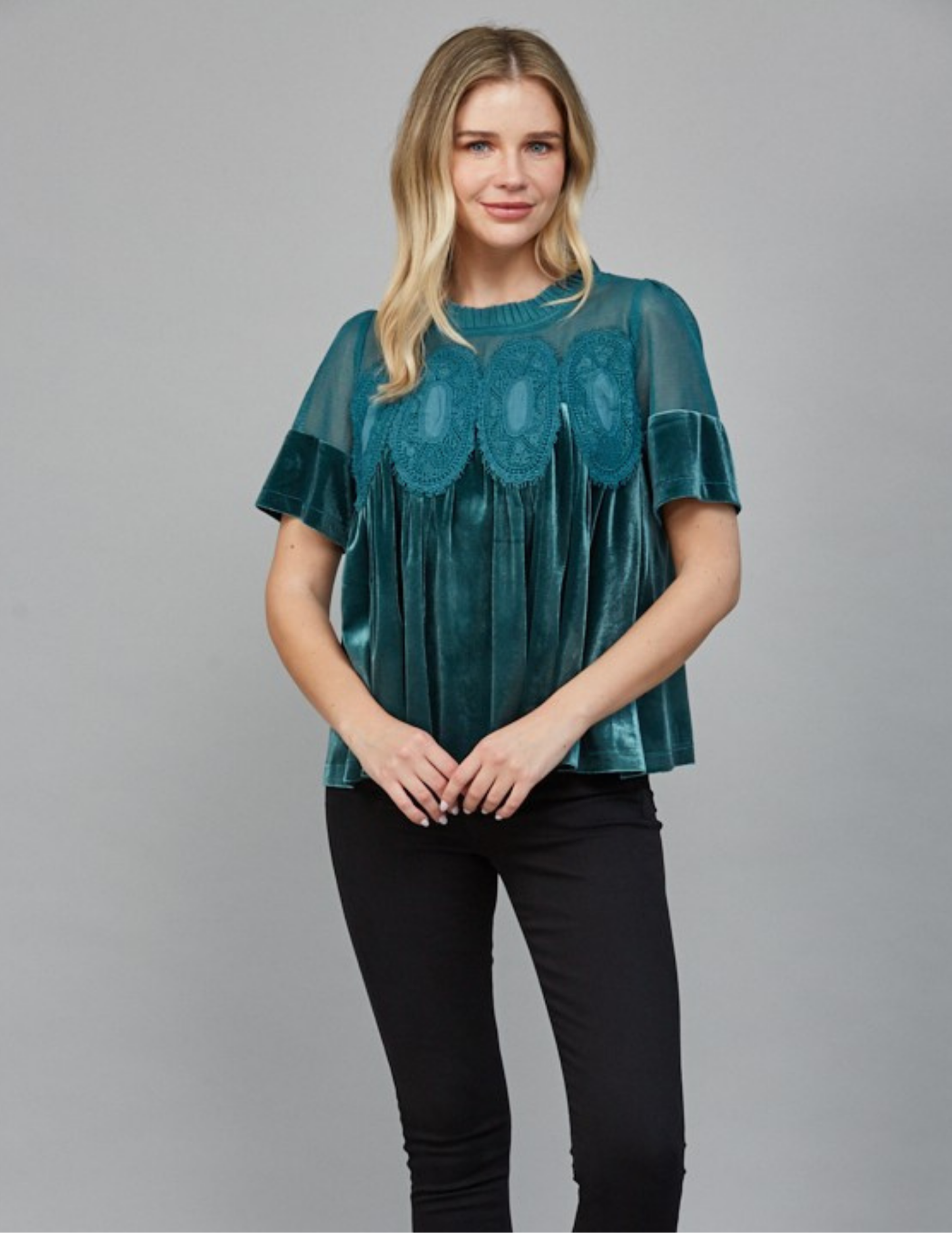 Velvet & Lace Babydoll Top- Teal Green