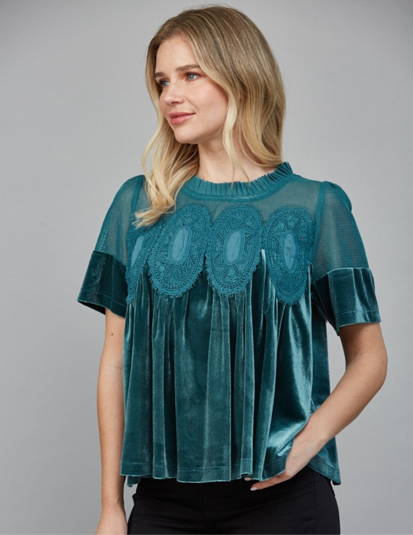 Velvet & Lace Babydoll Top- Teal Green