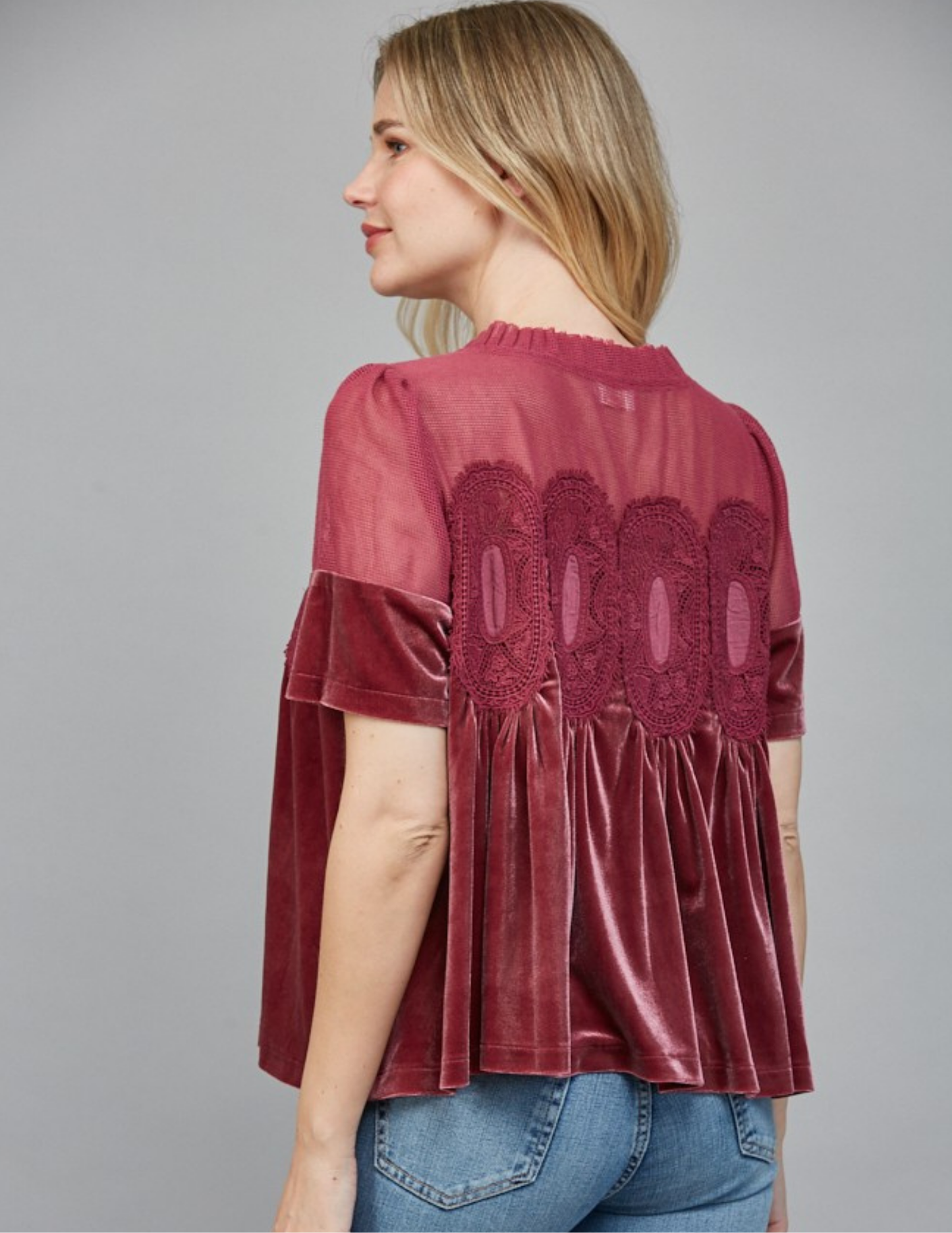 Velvet & Lace Babydoll Top- Woodrose
