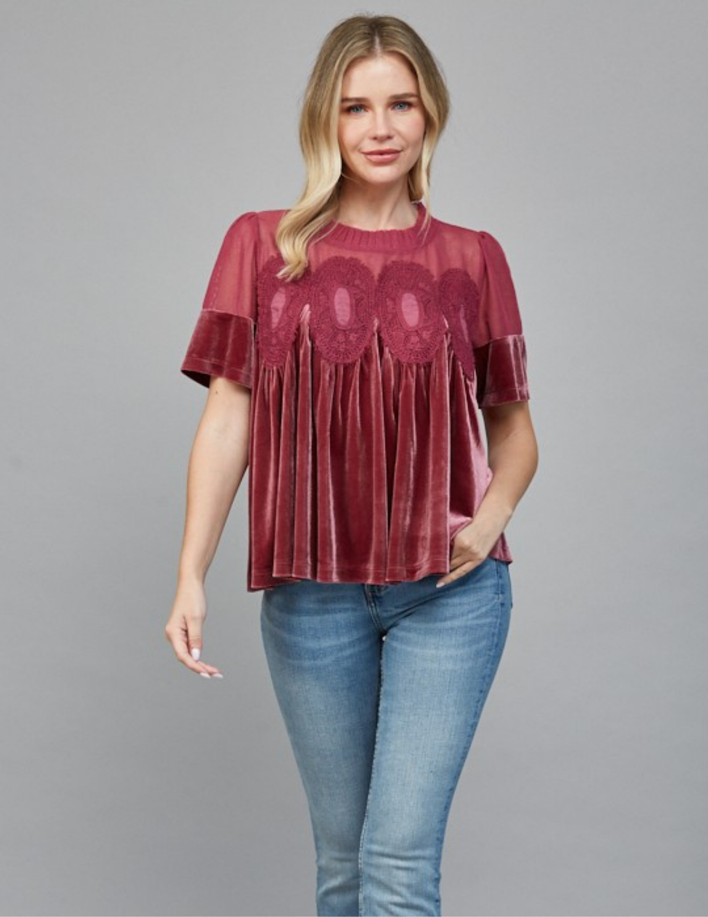 Velvet & Lace Babydoll Top- Woodrose