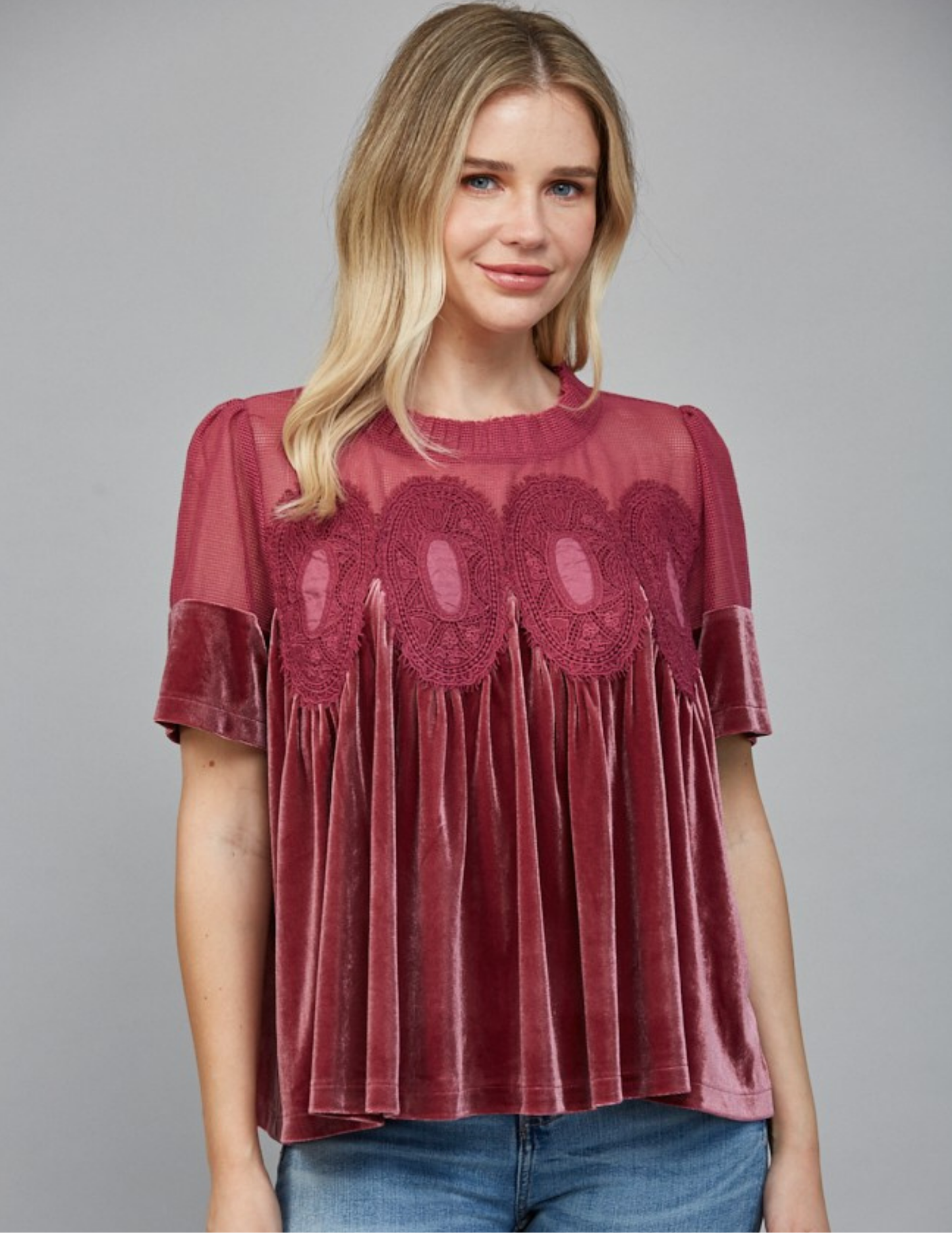 Velvet & Lace Babydoll Top- Woodrose