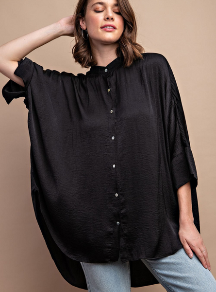 Black Washed Satin Button Down - Tres Chic Boutique