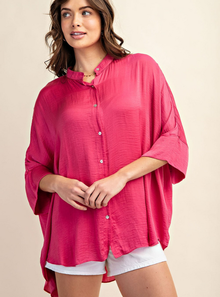 Fuchsia Washed Satin Button Down - Tres Chic Boutique