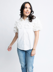 Solid Poplin Ruffle Button Up Top