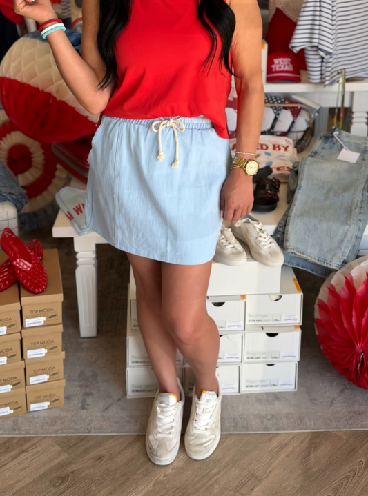 Drawstring Midi Rise Skirt- Light Blue