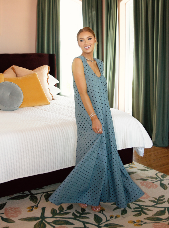 Karlie- Denim Polka-Dot Scoop Maxi Dress
