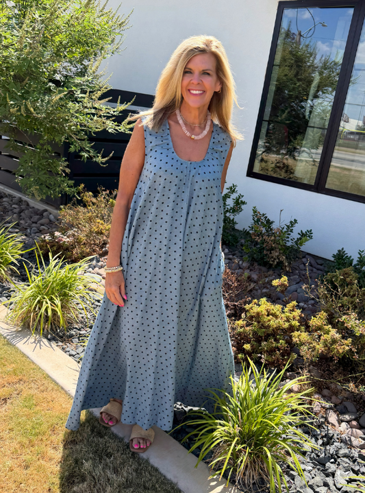 Karlie- Denim Polka-Dot Scoop Maxi Dress
