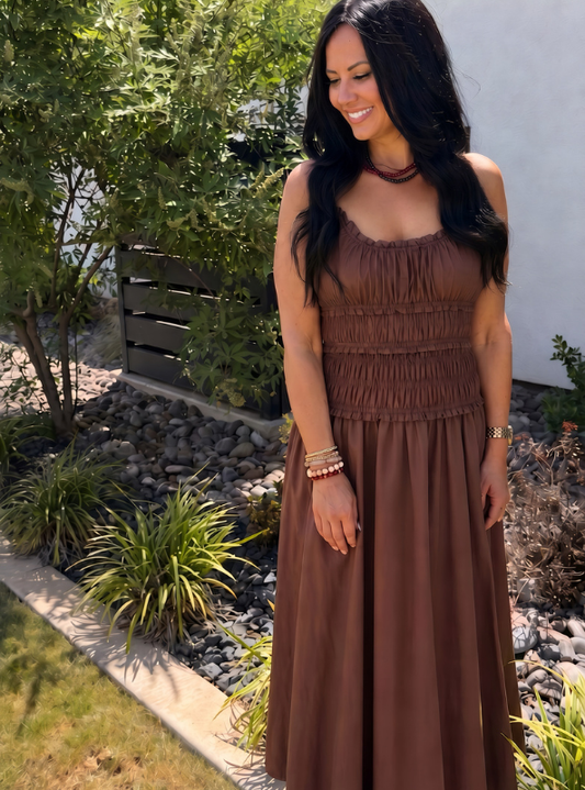 Karlie- Solid Poplin Smock Cami Maxi Dress