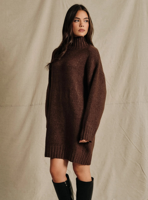 Payton LS Turtleneck Sweater Tunic Dress - Brown