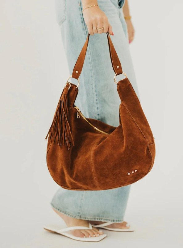 Hazel Hobo Shoulder Bag with Tassel- Chocolate Suede