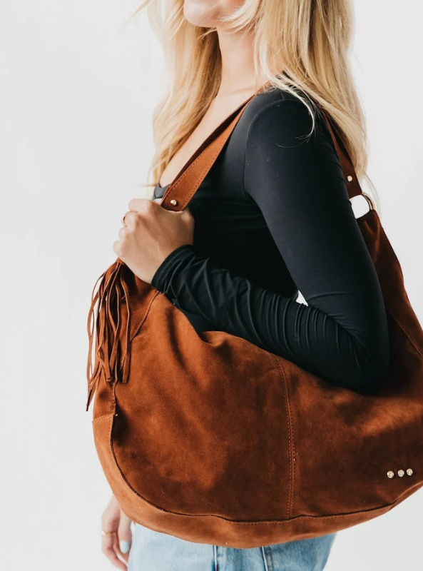 Hazel Hobo Shoulder Bag with Tassel- Chocolate Suede