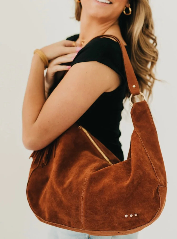 Hazel Hobo Shoulder Bag with Tassel- Chocolate Suede