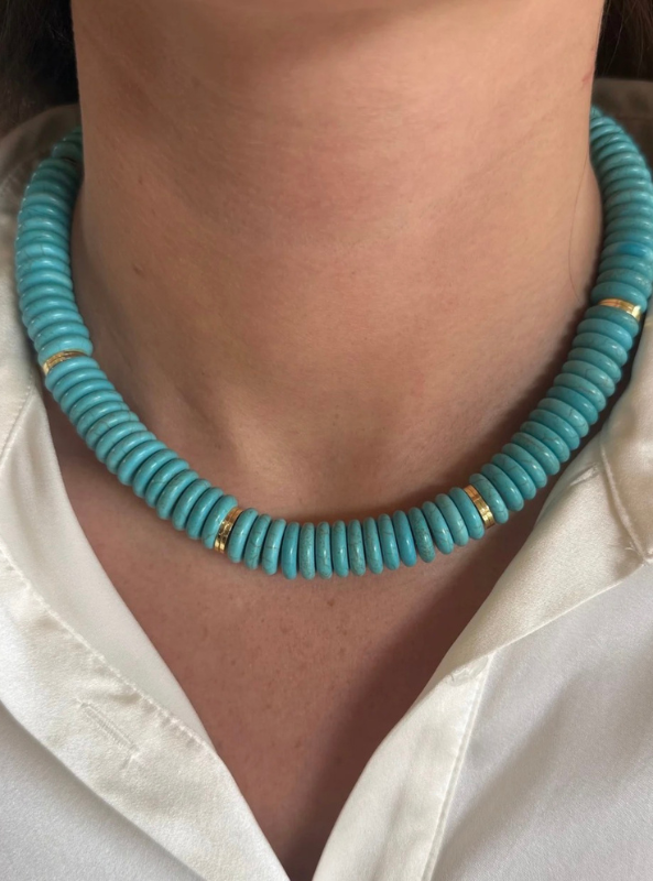 Chunky Turquoise Gemstone Necklace with Gold Accents