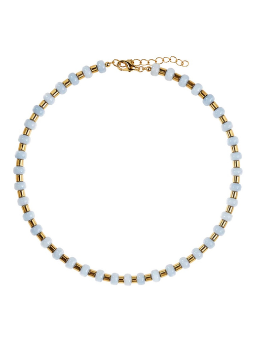 Denim Gemstone Necklace with Gold Hammered Accents