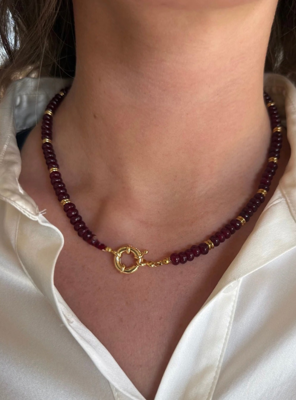 Maroon Gemstone Necklace with Gold Accents