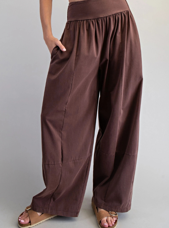 Mineral Washed Wide Leg Pants - Brown
