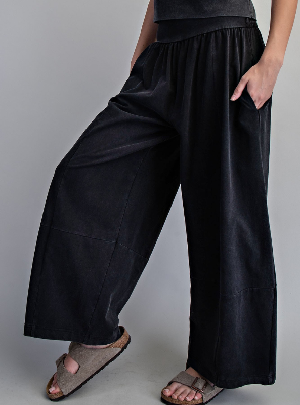 Mineral Washed Wide Leg Pants - Jet Black