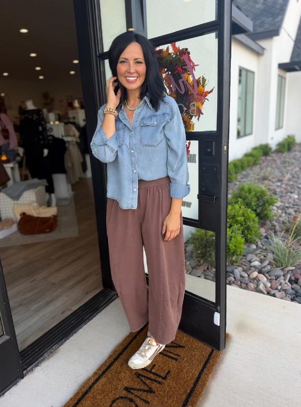 Mineral Washed Wide Leg Pants - Brown