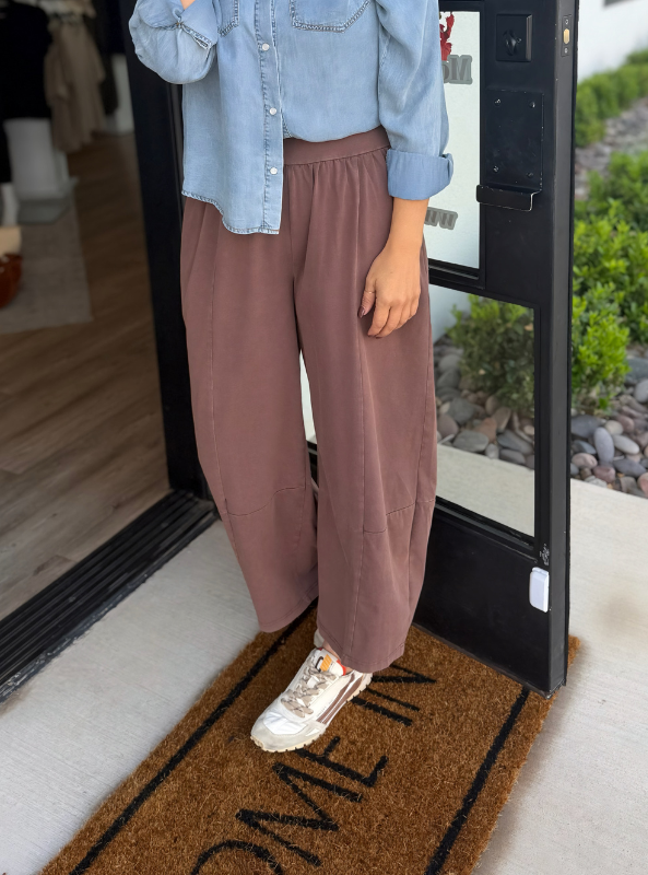 Mineral Washed Wide Leg Pants - Brown