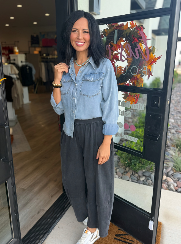 Mineral Washed Wide Leg Pants - Jet Black