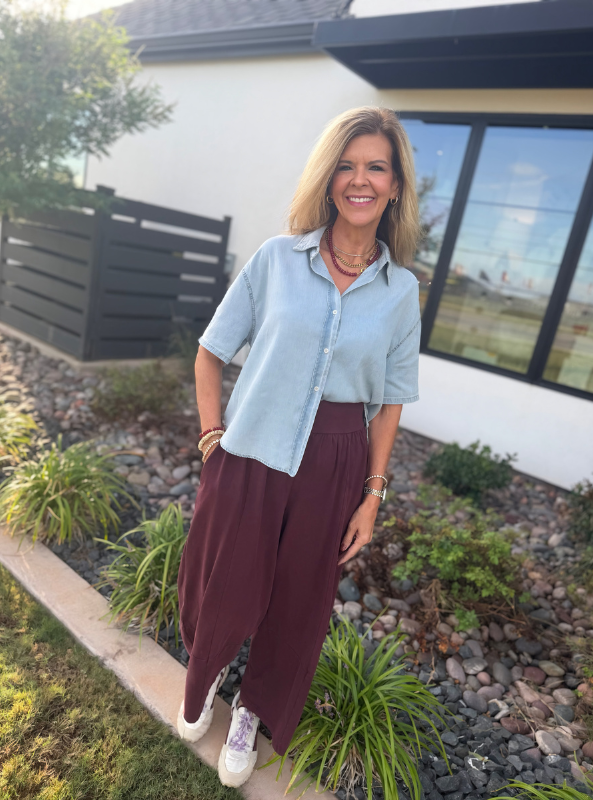 Mineral Washed Wide Leg Pant - Red Bean